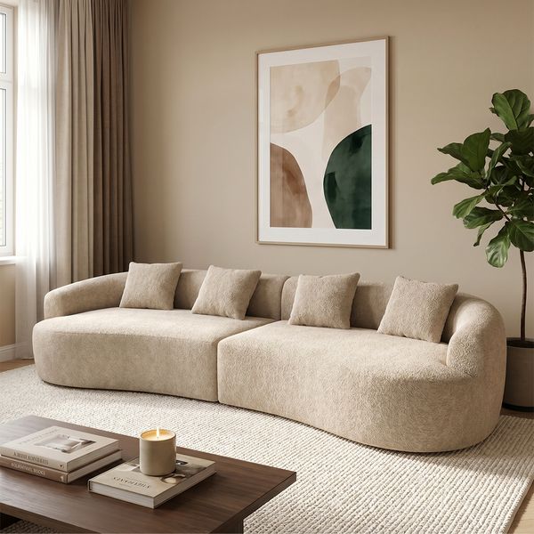 skølm 'Loki' Sofa 4 Sitzer, Vollschaumcouch mit Federkern und Vakuum-Kompression, kein Aufbau erforderlich, mit 4 Kissen, Teddy-Bouclé-Stoff in beige
