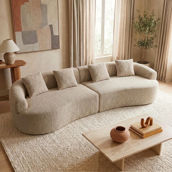 skølm 'Loki' Sofa 4 Sitzer, Vollschaumcouch mit Federkern und Vakuum-Kompression, kein Aufbau erforderlich, mit 4 Kissen, Teddy-Bouclé Stoff beige