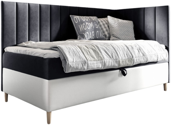 MEBLINI Kinderbett mit Bettkasten MAYA 3 80x200 Rechts – H3/Schwarz Samt Gepolstert Einzelbett mit Matratze - Polsterbett mit Stauraum - Bett mit Kopfteil – Stauraumbett