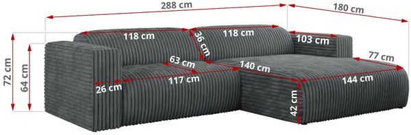 Ecksofa PASADENA, freistehendes Ecksofa, breite Armlehnen, Federsitz - links - Dunkelgrau Cord Bild 8
