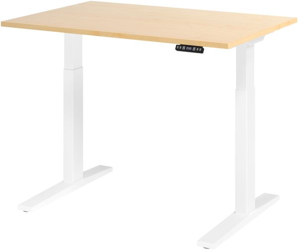 bümö elektrisch höhenverstellbarer Schreibtisch 120x80 cm in Ahorn, Gestell weiß - Sitz & Stehschreibtisch mit Memoryfunktion, elektrischer Stehtisch & Gaming Tisch, XMKA-Serie, XMKA12-3-W