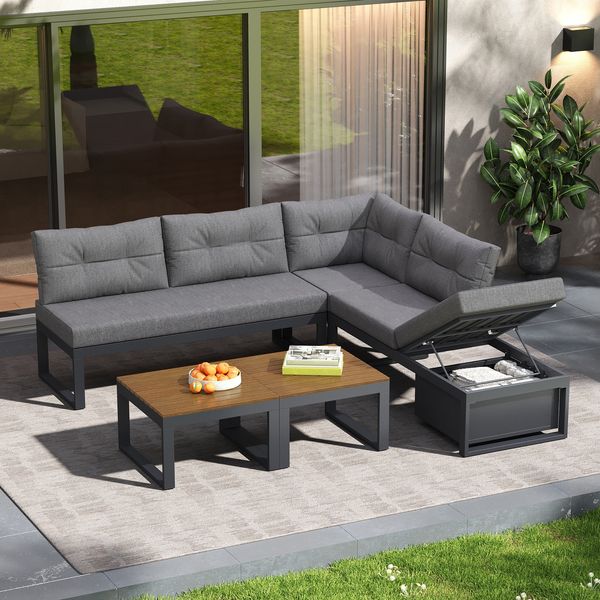 LVHOM Modulares 5-tlg. Gartenmöbel-Set, Gartensofa in L-Form mit verstellbarer Rückenlehne und Stauraum, Wetterfeste Sitzgruppe für Terrasse, Grau