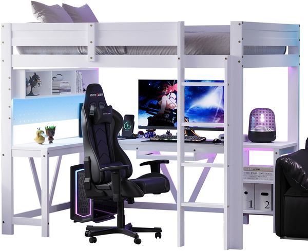 90 x 200 cm gro?es Gaming-Hochbett aus Holz mit Schreibtisch, Ablagef?chern, LED-Beleuchtung und Ladestation, Wei?