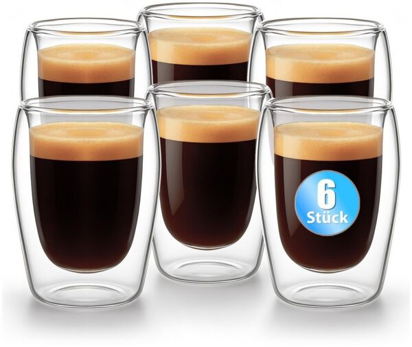 BigDean 6 Stück doppelwandige Espresso Gläser 80 ml in Gastro-Qualität - Espressogläser Espresso Glas Espressotassen Glas Set in Geschenkverpackung
