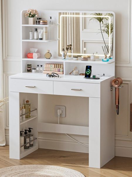 FiveWillowise Schminktisch mit LED-Beleuchtung & Spiegel, integrierter Steckdose, 85 x 40 x 131xcm (1-St), Coiffeuse mit 5 Fächern, 2 Schubladen, dimmbarer Helligkeit