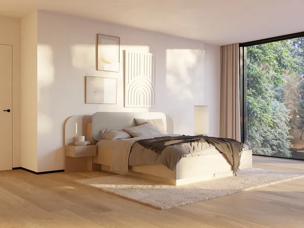 Vente-unique - LYORIMA Bett Holz, Platte Beige - B 223 cm x H 104 cm x L 249 cm