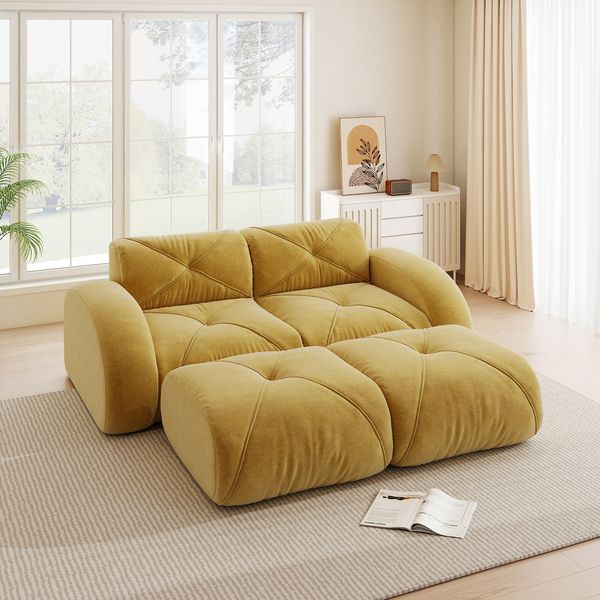 2-Sitzer Modulsofa H 76 x T 204 x B 171 cm aus Chenille mit 2 Hockern, rahmenlos, gelb