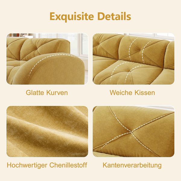 2-Sitzer Modulsofa H 76 x T 204 x B 171 cm aus Chenille mit 2 Hockern, rahmenlos, gelb Bild 9