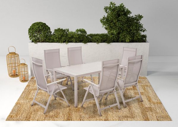 KONIFERA Garten-Essgruppe Messina, (Set, 7-tlg, 6x Sessel, 1x Tisch 160x90x74 cm, Aluminium, Textilgewebe), klappbar, 7-fach verstellbare Rückenlehne, Tischplatte aus Alulatten