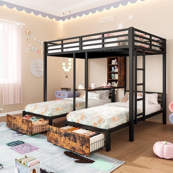 Etagenbett mit 3 Schlafgelegenheiten, 90x200cm/140x200cm, Schubladen, Regal, Beistelltisch, Metallbett mit Lattenrost und Rausfallschutz