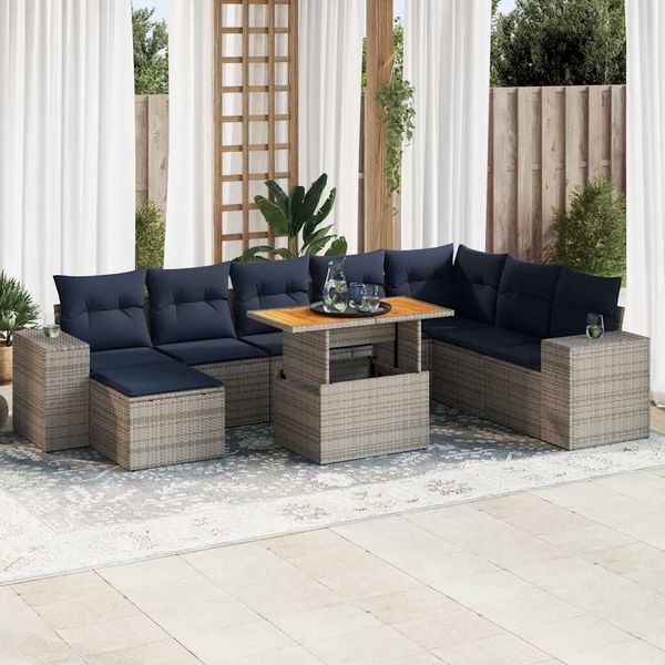 vidaXL 9-tlg. Garten-Sofagarnitur mit Kissen Grau Poly Rattan 3327414