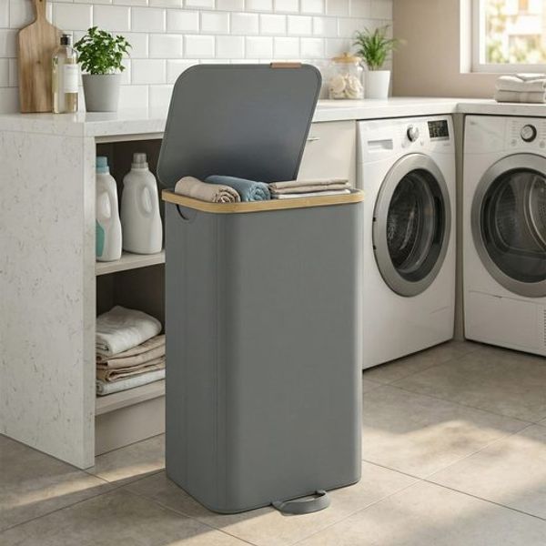 SONGMICS Wäschekorb mit Deckel, Wäschesammler, Wäschetruhe, Wäschesack herausnehmbar, 100 Liter, grau