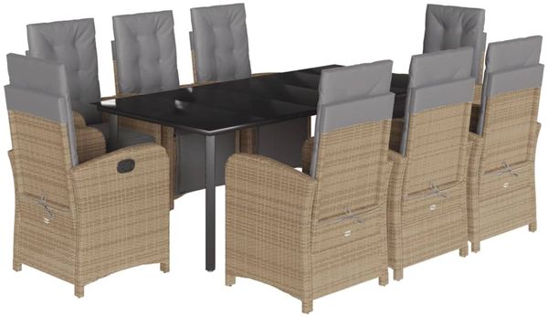 vidaXL 9-tlg. Garten-Essgruppe mit Kissen Beige Poly Rattan 3212597