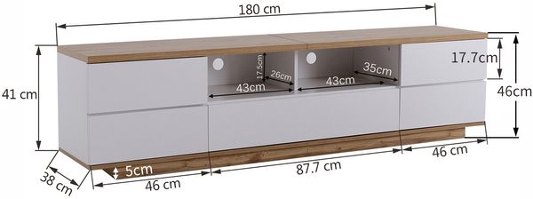 TV-Schrank 180 x 46 x 38 cm aus MDF in Weiß & Holzoptik, 5 Türen, mit offenen Fächern Bild 4