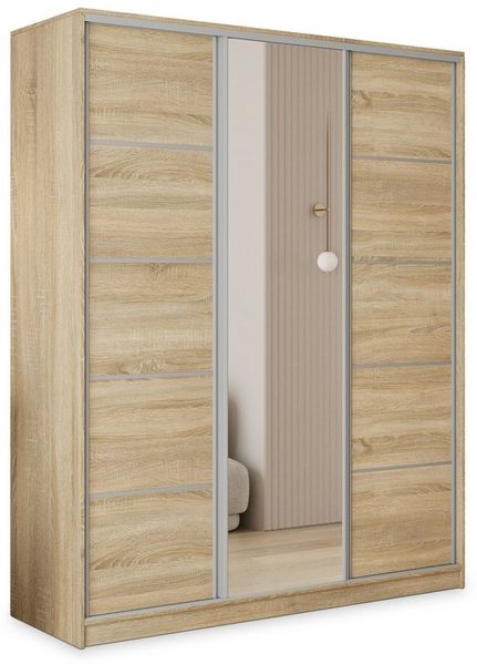 Masseno Schwebetürenschrank PINA 150 cm Kleiderschrank mit Spiegel 3 Türen Eiche Sonoma