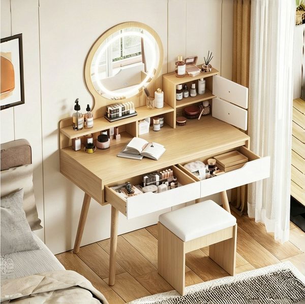 STILVORA Schminktisch mit Spiegel und LED-Beleuchtung Kosmetiktisch mit Hocker, B80/H135/T40 (Frisiertisch aus MDF mit Polsterhocker und 3 Lichtmodi, Große Ablagefläche mit 2 Schubladen und seitlichen Schränken), Für kleine Schlafzimmer, Ankleidezimmer...