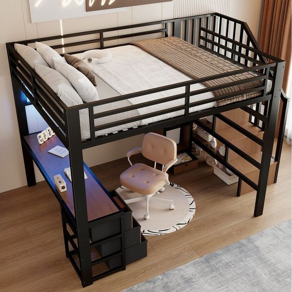 REDOM Hochbett Jugendbett mit Eisenrahmen, Ablagefach, 4 Schubladen (LED-Lichtleiste, Schreibtisch und Stauraumtreppe, Funktionsbett Metallbett, 140 x 200 cm) Inklusive Matratze
