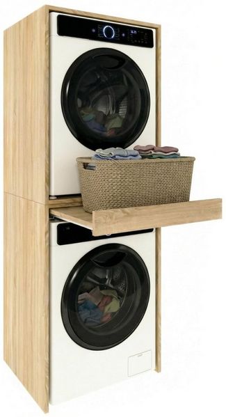 TREND WERK Waschmaschinenumbauschrank 66×64×184 cm - für Waschmaschine & Trockner übereinander (Waschraum Möbel Schrank für Waschküche mit Stauraum) Waschturm für Waschmaschine & Trockner mit Ausziehbrett & Hochschrank