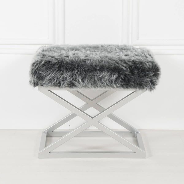 Atelier Del Sofa Stylish Pouffe with Metal Frame, 50 cm Width, 42 cm Height, 40 cm Depth | 100% Polyester Babyface Fabric in Silver & Grey | Perfect for Modern Living Spaces