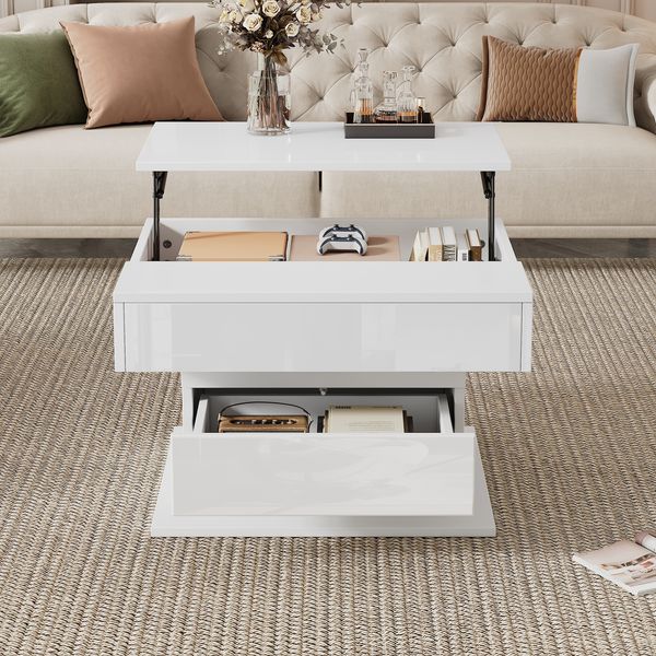 Couchtisch 70 x 70 x 45 cm, höhenverstellbar bis 59 cm, 360° drehbar, Hochglanz Weiß mit Schublade