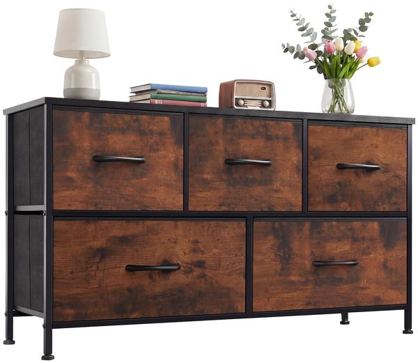 Sweetcrispy Kommode,Sideboard Wohnzimmer für Schlafzimmer mit 5 Stoffschubladen,Einstellbare Füße Schubladenschrank,Schwarzbraun