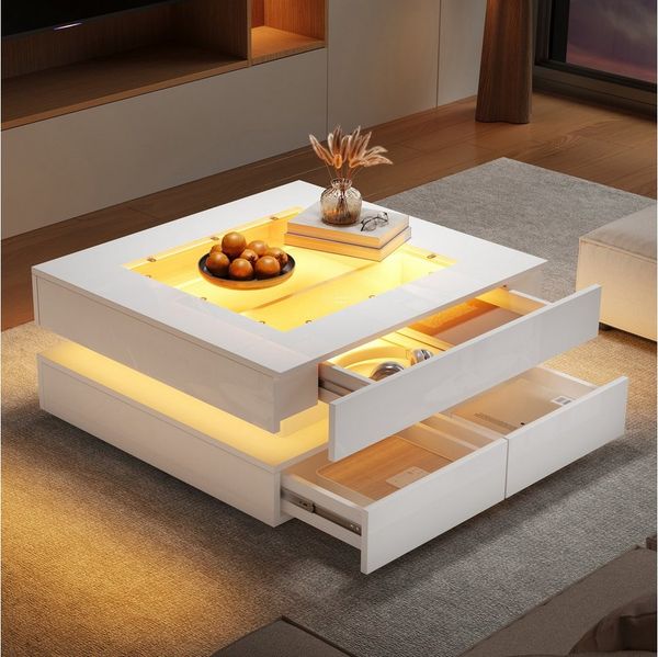 Merax Couchtisch hochglanz Sofatisch Beistelltisch mit LED-Beleuchtung (1-St), Wohnzimmertisch mit Glasplatte und 3 Schubladen, 70x70x35cm