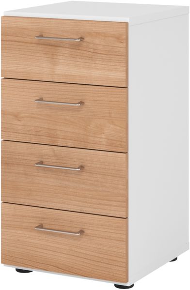 bümö smart Schubladenschrank, Büroschrank in Weiß/Nussbaum mit 4 Schüben - Bürocontainer aus Holz, Container mit Metallgriffen & Soft-Stop Schubladen, 924S4-W-N-BS