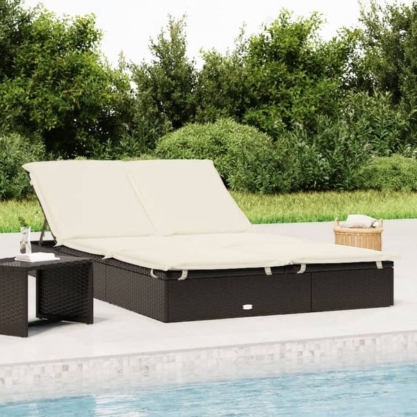 Sonnenliege, Gartenliege für 2 Personen mit Auflage Schwarz Poly Rattan