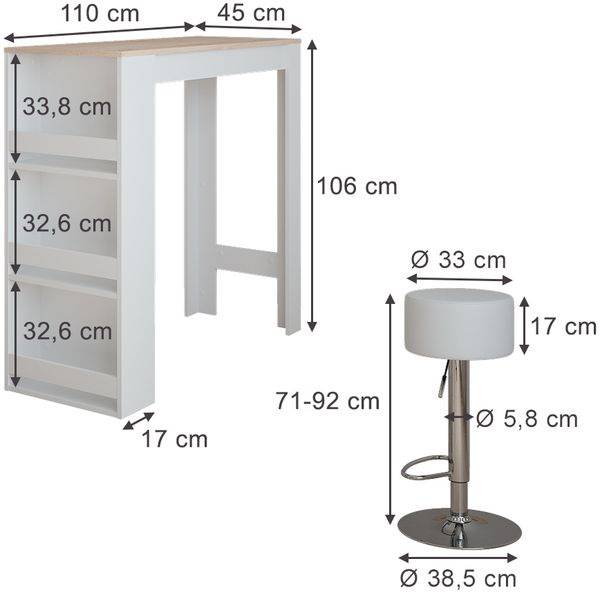 Bartisch-Set Repose Weiß/Sonoma 45 x 110 cm mit 2 Barhockern Vicco Bild 2