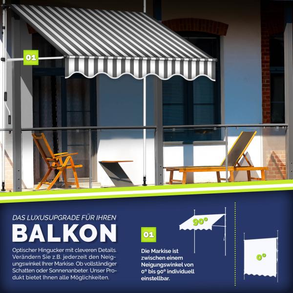 tillvex Balkonmarkise 350 cm Grau/Weiß Gelenkarm Markise Klemmmarkise Sonnenmarkise Balkon ohne Bohren Bild 3