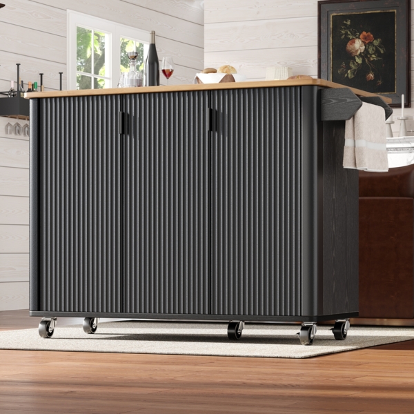 Kücheninsel mit 3 Türen, Handtuchhalter & 5 Rollen, 130x45x92 cm