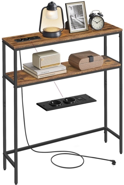 VASAGLE Konsolentisch, schmaler Sofatisch mit 2 Ablagen, 20 x 80 x 80 cm, Flurtisch mit Ladestation, für Wohnzimmer, Flur, Eingangsbereich, vintagebraun-tintenschwarz