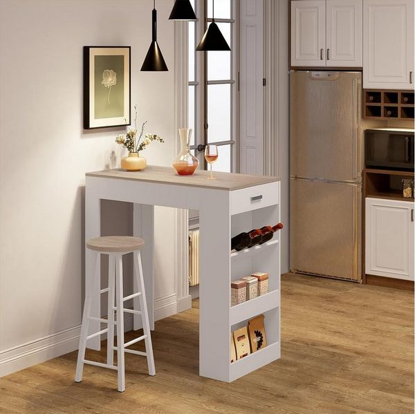 Woltu Bartisch, mit 1 Schublade & 3 Ablagen, Stehtisch mit Weinregal, Bistrotisch
