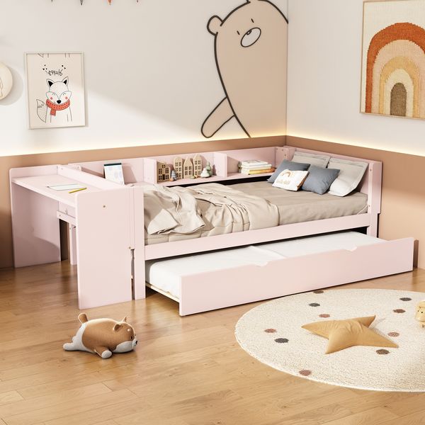 Kinderbett 90x200 cm mit ausziehbarem Rollbett, integriertem Schreibtisch und 3 Regalfächern,Rosa, multifunktionales Bett mit Stauraum und Lernbereich
