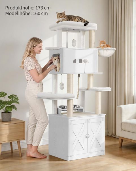 Kratzbaum, Katzenbaum mit Katzenklo Schrank, Futterstation, 173 cm Hoch, mit Großer Plattform, Sisalseil, Hängematte, Waschbares Kissen, Plüschbälle, Weiß