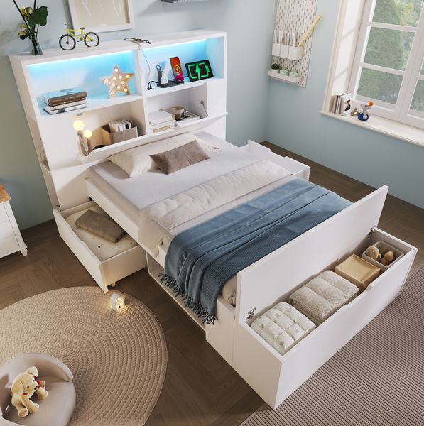 Holzbett mit Stauraum, LED & USB-Anschluss, 90x200 cm, Weiß, ohne Matratze