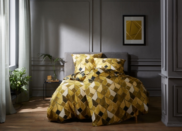 Mako Satin Bettwäsche Raute curry gold 135x220 + 80x80