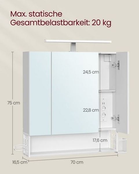 Vasagle Spiegelschrank mit Steckdosen und Haartrockner-Halter, MDF, 16,5 x 70 x 75 cm, Wolkenweiß Bild 4