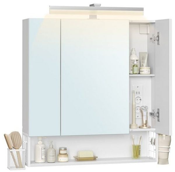 Vasagle Spiegelschrank mit Steckdosen und Haartrockner-Halter, MDF, 16,5 x 70 x 75 cm, Wolkenweiß