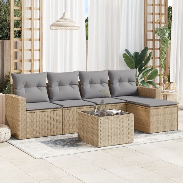 vidaXL 6-tlg. Garten-Sofagarnitur mit Kissen Beige Poly Rattan 3251236