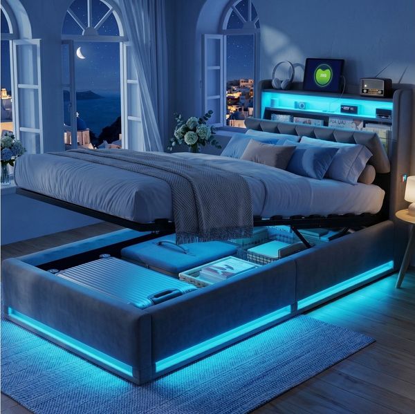 ADWOLT Polsterbett Doppelbett Stauraumbett - Samtstoff (Packung, 1-tlg, Jugendbett), 90x200 cm,USB+TYPE-C,Steckdose,LED-Beleuchtung,APP-Steuerung,Grau