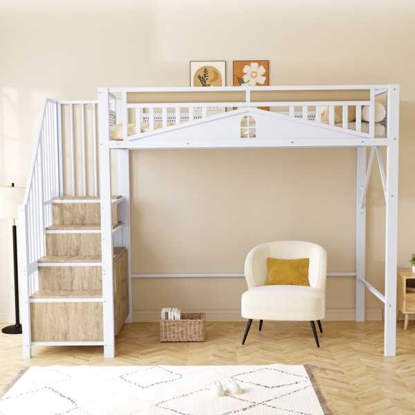 HAUSS SPOLE Hochbett 90x200cm, Metall-Sicherheitszaun, Sicherheitsleiter mit Spind, Weiß (Metall-Hochbett, mit Stauraum, Sicherheitszaun und Fensterdesign, 90 x 200cm) ohne Matratze