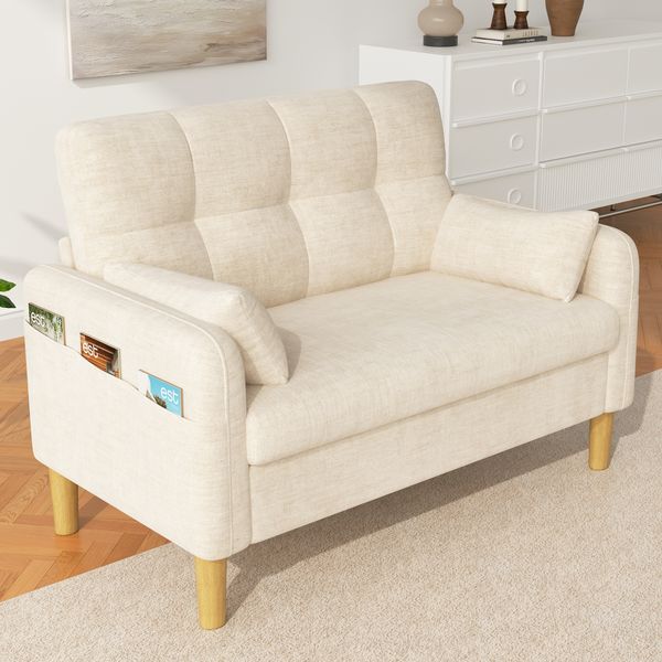 Merax Zweisitzer Sofa mit dicken weichen Polstern, 2 Kissen und seitlicher Aufbewahrungstasche, Chenillegewebe, Beige