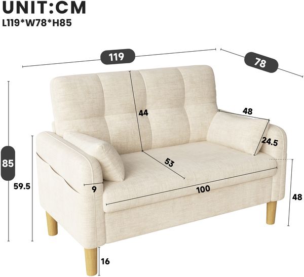 Merax Zweisitzer Sofa mit dicken weichen Polstern, 2 Kissen und seitlicher Aufbewahrungstasche, Chenillegewebe, Beige Bild 4