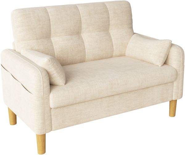 Merax Zweisitzer Sofa mit dicken weichen Polstern, 2 Kissen und seitlicher Aufbewahrungstasche, Chenillegewebe, Beige Bild 9