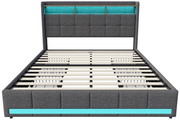 Furnishings Home Polsterbett Stauraumbett Doppelbett Jugendbett (7-Zonen Federkernmatratze), Mit LED-Beleuchtung, Matratze, USB & TYPE-C, Leinen, 140x200 cm