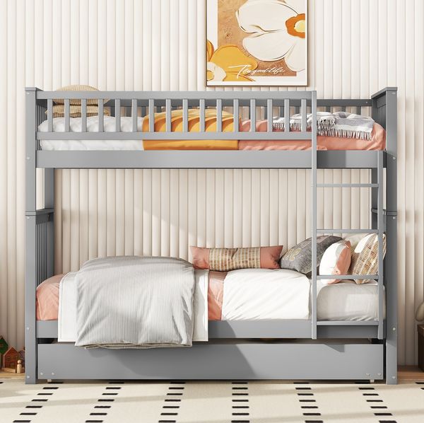 Bett 90x200 cm Etagenbett mit Ausziehbett – grau, platzsparend und stabil