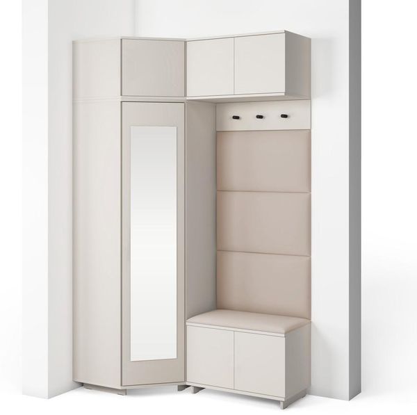 Garderoben-Set Napoli Version 19: Eckschrank mit Polsterpaneelen, Schuhschrank und Schrankaufsatz Flur und Eingangsbereich (Cashmere/Trinity 02), 229 x 70 x 140 cm
