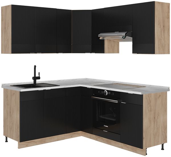 Eckküche Fame-Line Schwarz gestreift/Goldkraft Eiche 190 x 60 cm , AP Marmor Vicco