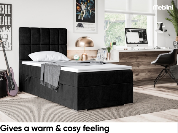 MEBLINI Boxspringbett LUKAS 100x200 cm mit Bettkasten - H3/Schwarz Samt Gepolstert Einzelbett mit Topper & Taschenfederkern-Matratze - 100x200 Links Bild 4